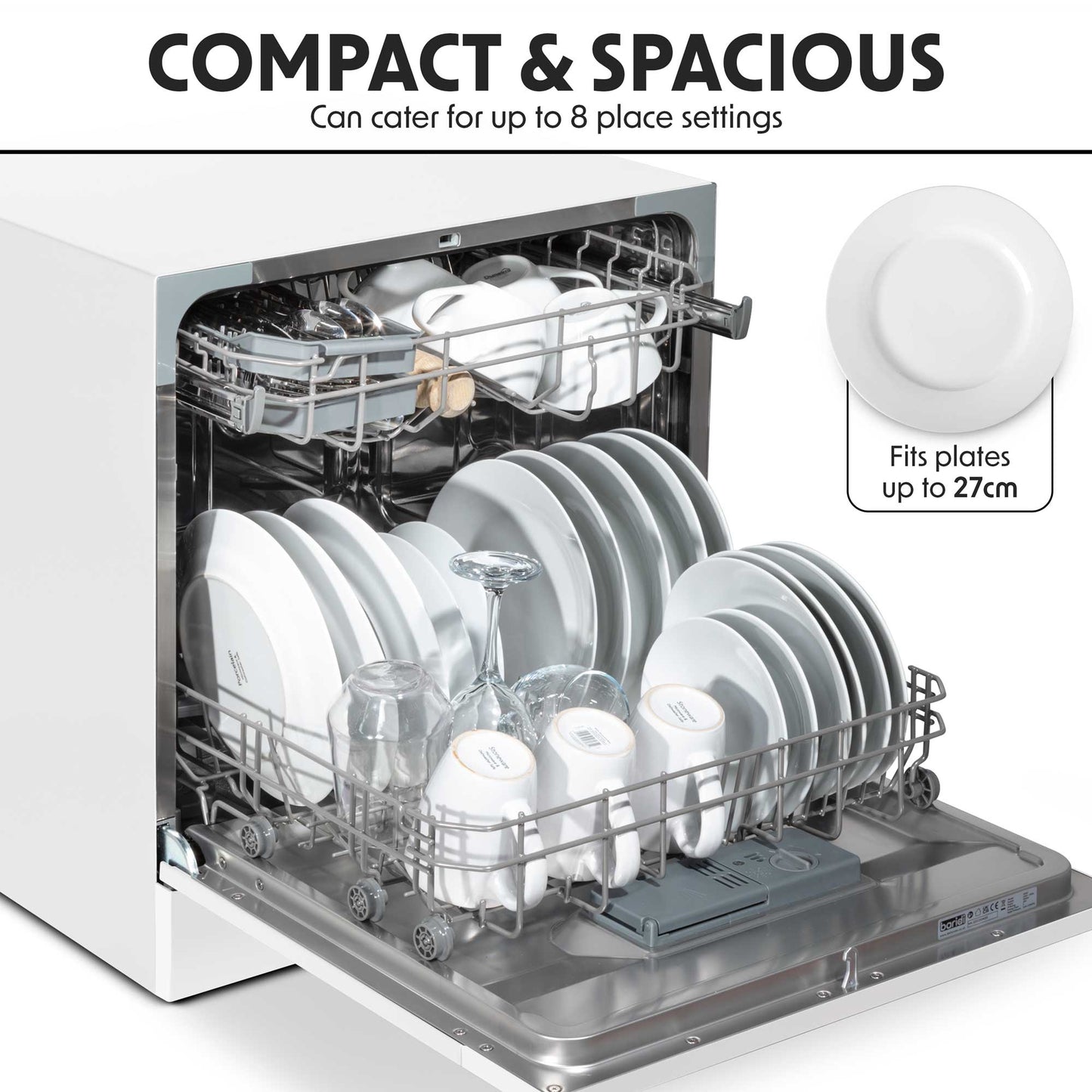 Baridi Compact Tabletop Dishwasher 8 Place Settings, 6 Programmes, Low Noise, 8L - White - DH86
