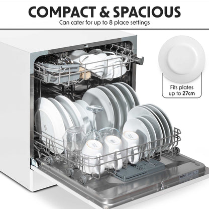 Baridi Compact Tabletop Dishwasher 8 Place Settings, 6 Programmes, Low Noise, 8L - White - DH86