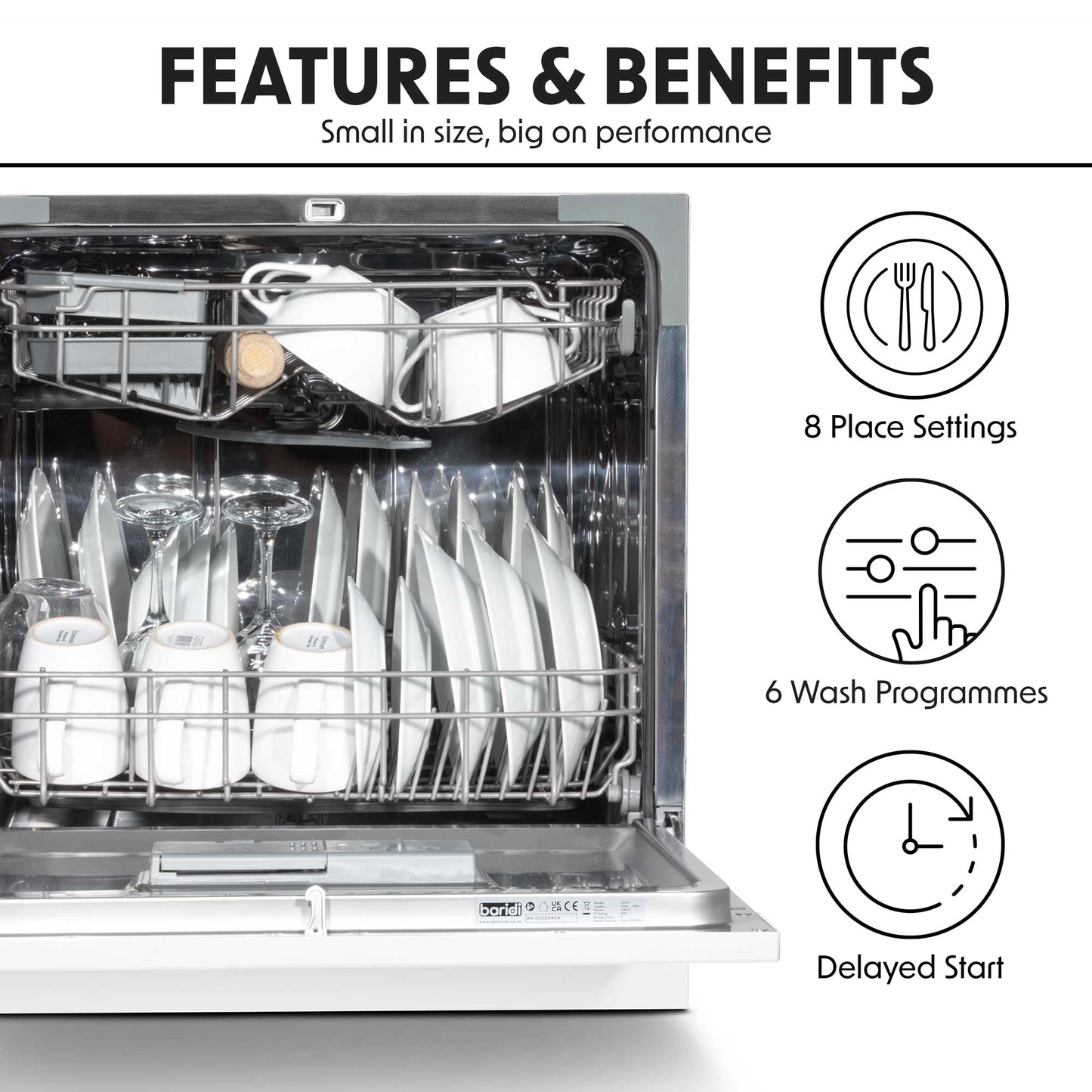 Baridi Compact Tabletop Dishwasher 8 Place Settings, 6 Programmes, Low Noise, 8L - White - DH86