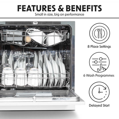 Baridi Compact Tabletop Dishwasher 8 Place Settings, 6 Programmes, Low Noise, 8L - White - DH86