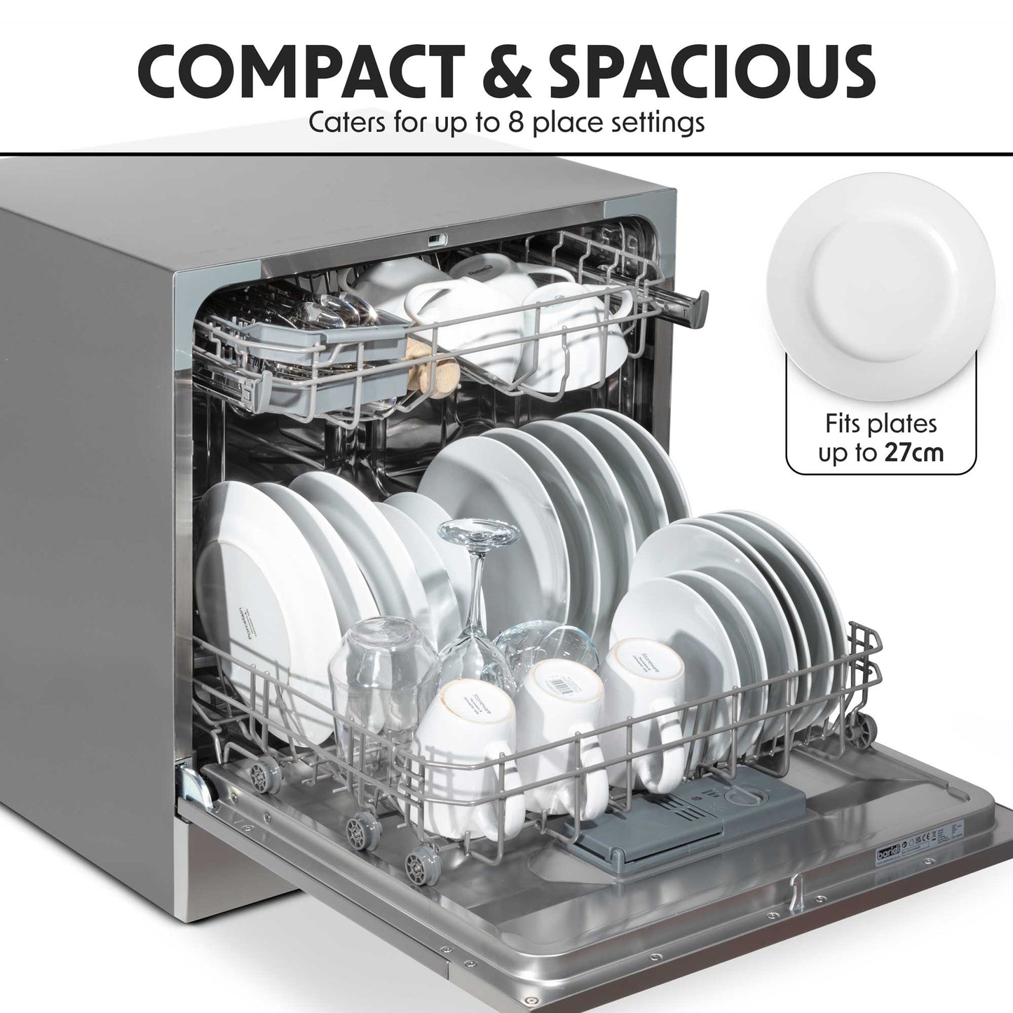 Baridi Compact Tabletop Dishwasher 8 Place Settings, 6 Programmes, Low Noise, 8L - Silver - DH87