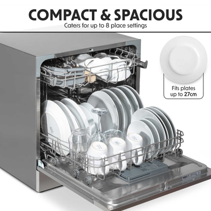 Baridi Compact Tabletop Dishwasher 8 Place Settings, 6 Programmes, Low Noise, 8L - Silver - DH87