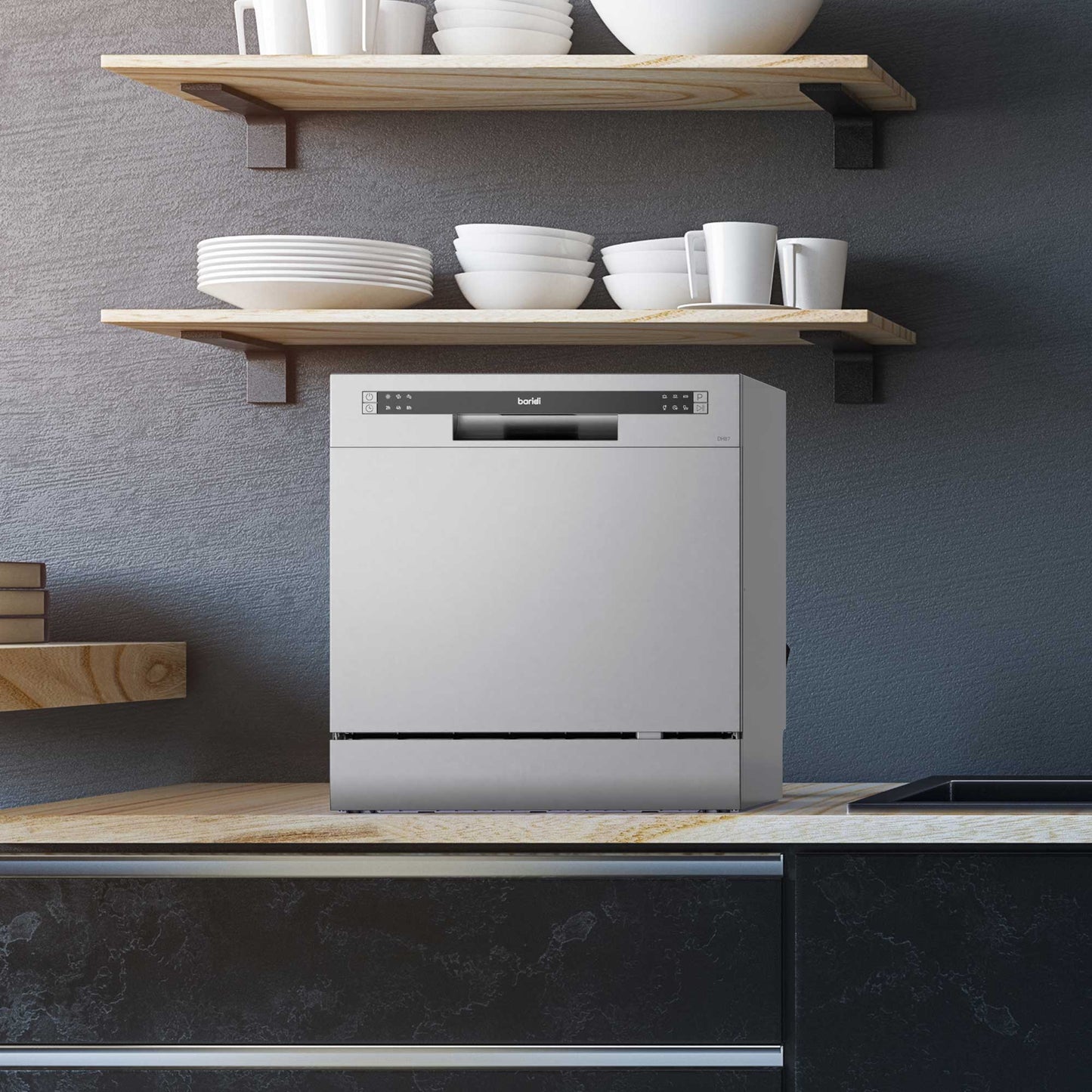 Baridi Compact Tabletop Dishwasher 8 Place Settings, 6 Programmes, Low Noise, 8L - Silver - DH87