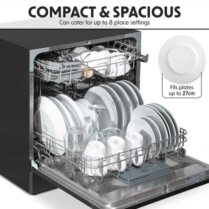 Baridi Compact Tabletop Dishwasher 8 Place Settings, 6 Programmes, Low Noise, 8L - Black - DH88