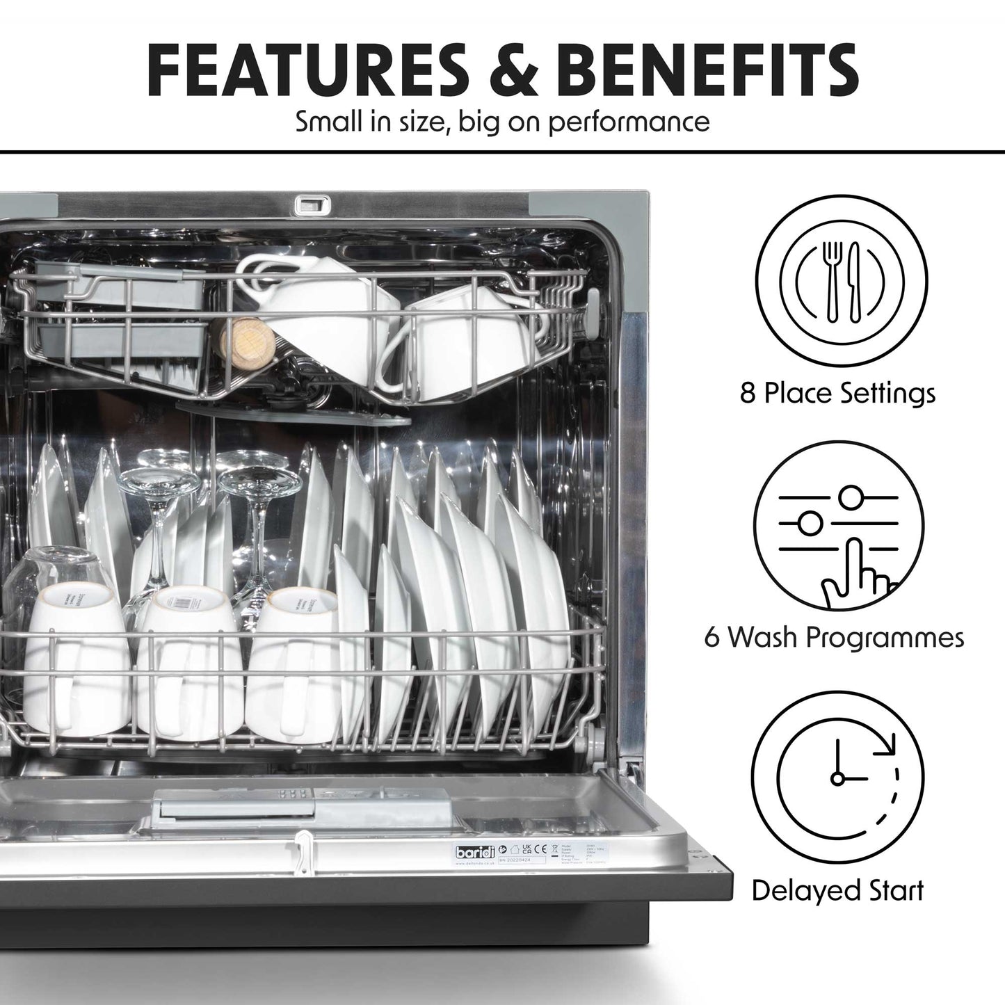Baridi Compact Tabletop Dishwasher 8 Place Settings, 6 Programmes, Low Noise, 8L - Black - DH88