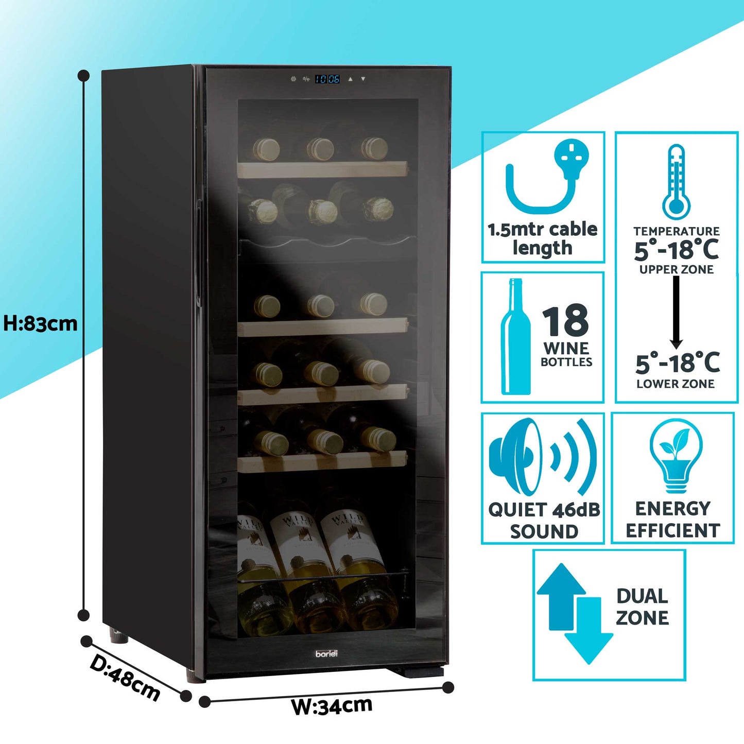 Baridi 18 Bottle Dual Zone Wine Cooler, Fridge, Touch Screen Controls, Wooden Shelves, LED - DH89