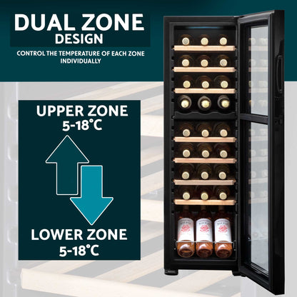 Baridi 27 Bottle Dual Zone Wine Cooler, Fridge, Touch Screen Controls, Wooden Shelves, LED  - DH90