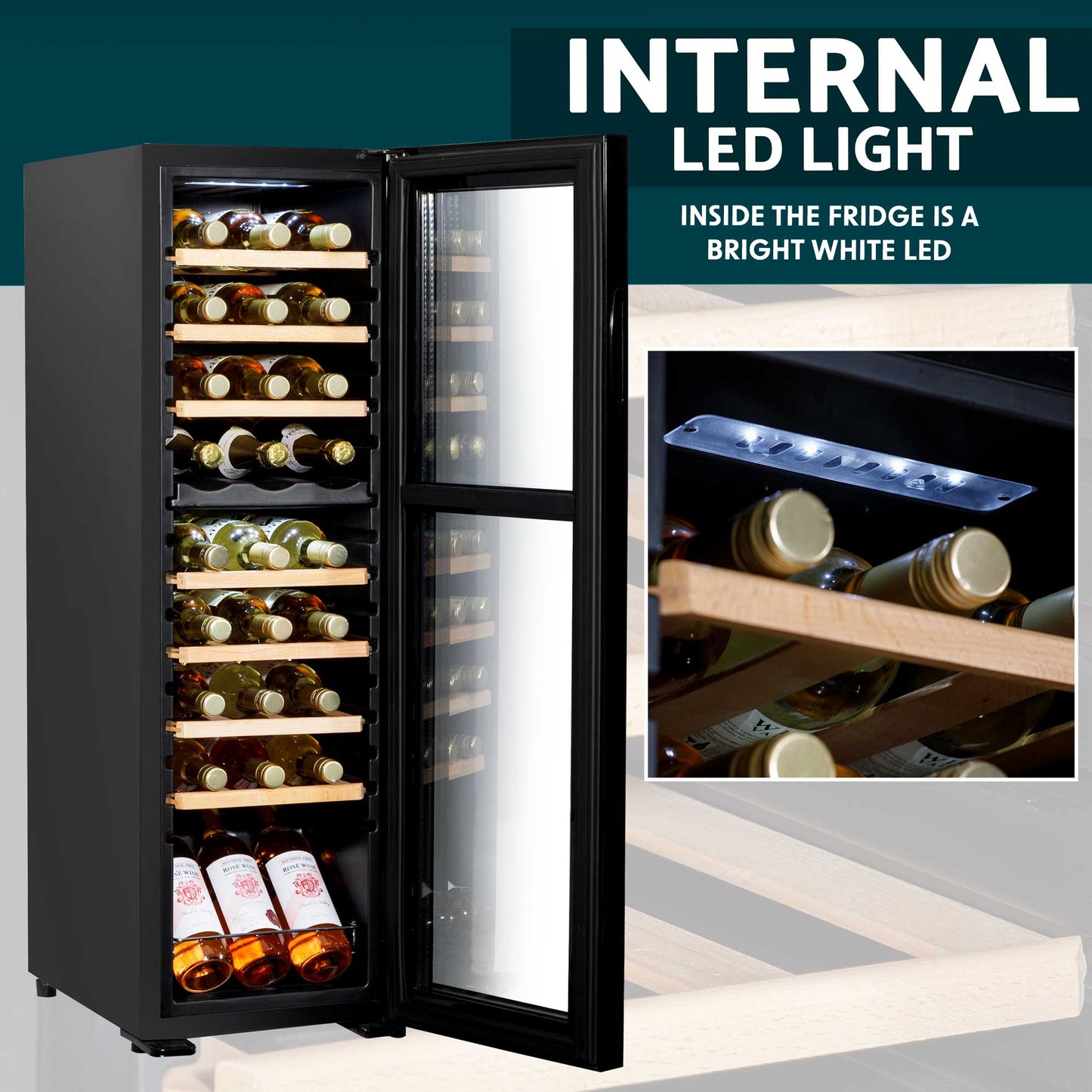 Baridi 27 Bottle Dual Zone Wine Cooler, Fridge, Touch Screen Controls, Wooden Shelves, LED  - DH90