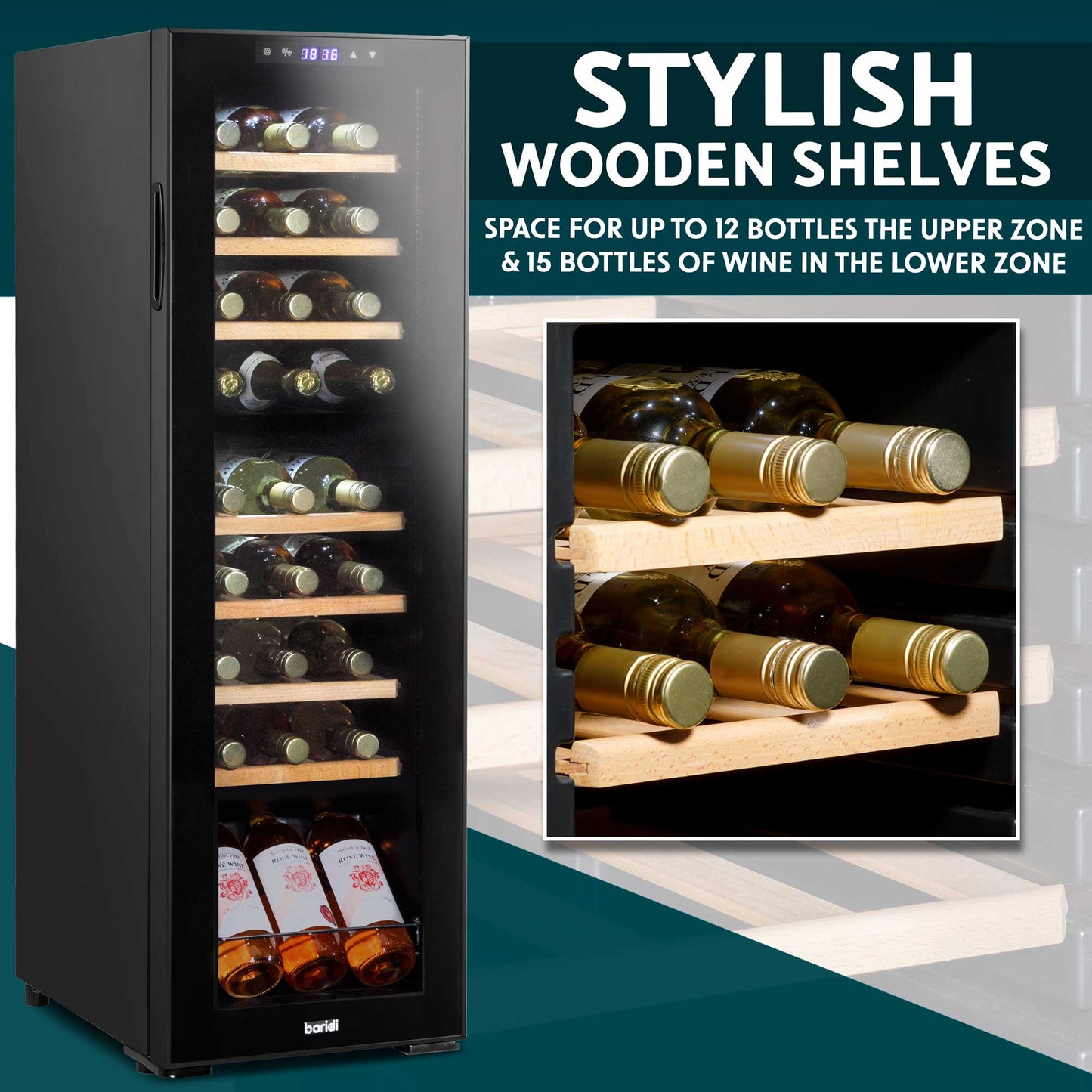Baridi 27 Bottle Dual Zone Wine Cooler, Fridge, Touch Screen Controls, Wooden Shelves, LED  - DH90