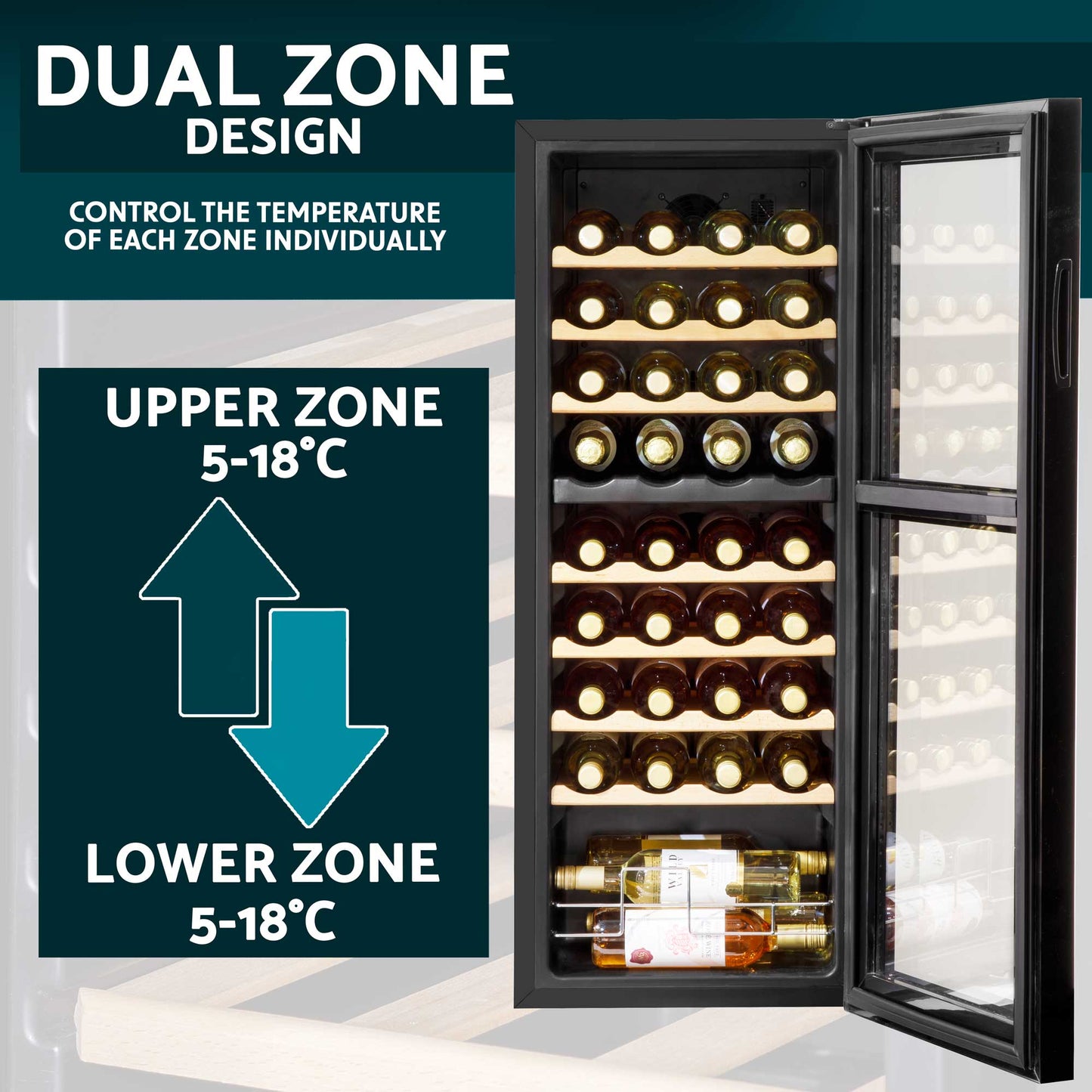 Baridi 36 Bottle Dual Zone Wine Cooler, Fridge, Touch Controls, Wooden Shelves, LED - DH91