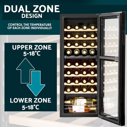 Baridi 36 Bottle Dual Zone Wine Cooler, Fridge, Touch Controls, Wooden Shelves, LED - DH91