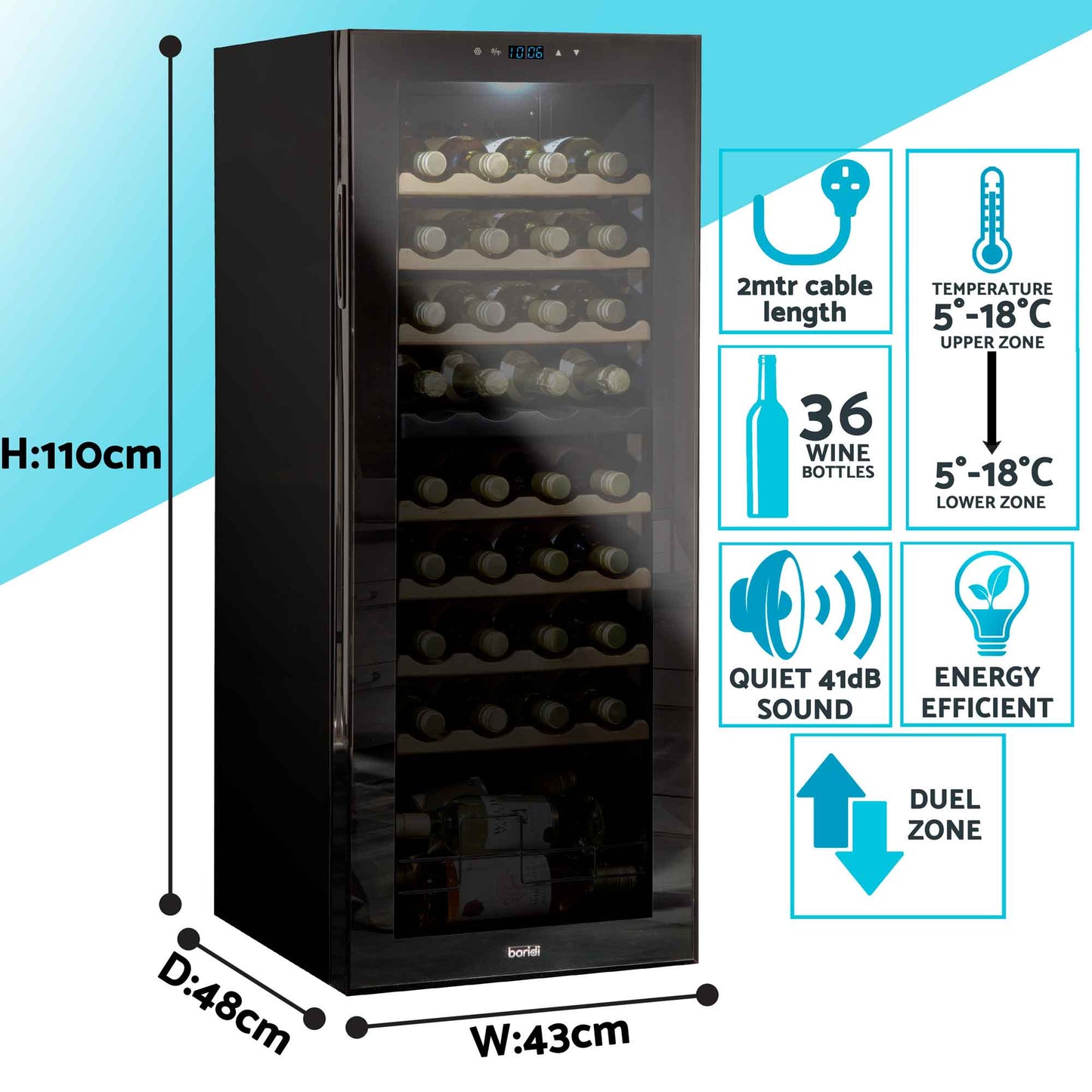Baridi 36 Bottle Dual Zone Wine Cooler, Fridge, Touch Controls, Wooden Shelves, LED - DH91