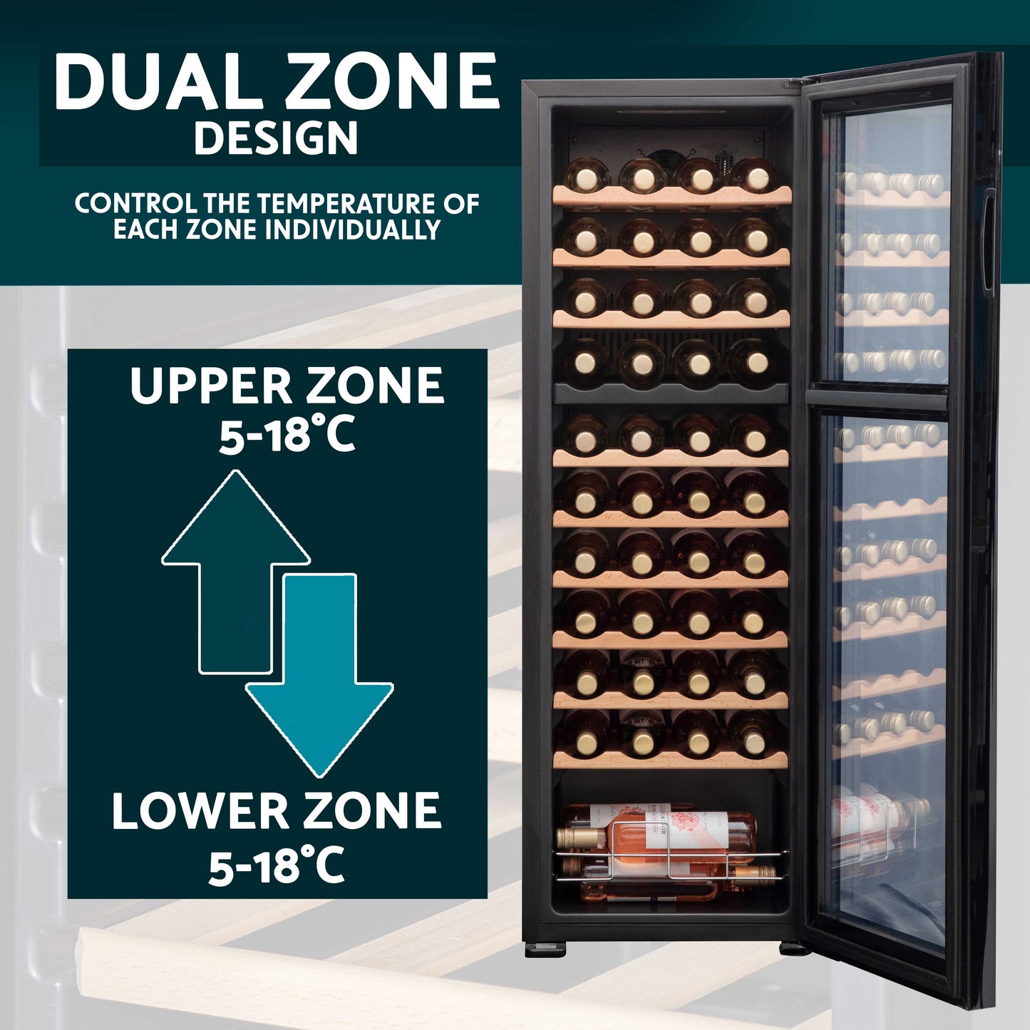 Baridi 44 Bottle Dual Zone Wine Cooler, Fridge, Touch Screen Controls, Wooden Shelves, LED - DH92