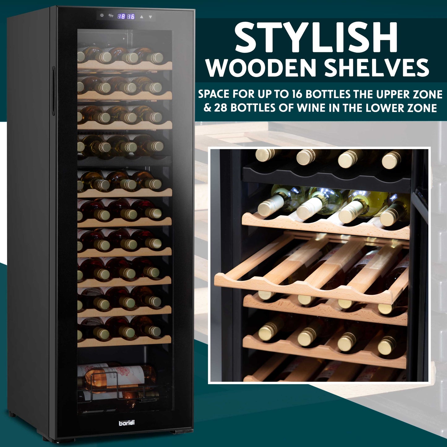 Baridi 44 Bottle Dual Zone Wine Cooler, Fridge, Touch Screen Controls, Wooden Shelves, LED - DH92