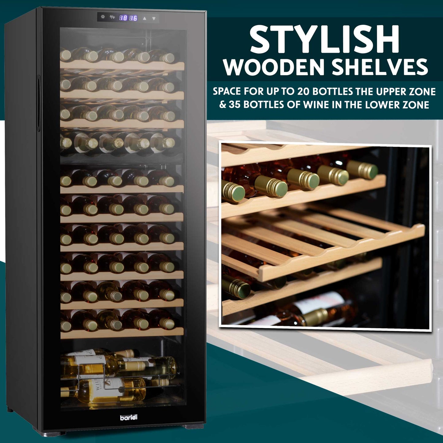 Baridi 55 Bottle Dual Zone Wine Cooler, Fridge, Touch Controls, Wooden Shelves, LED - DH93