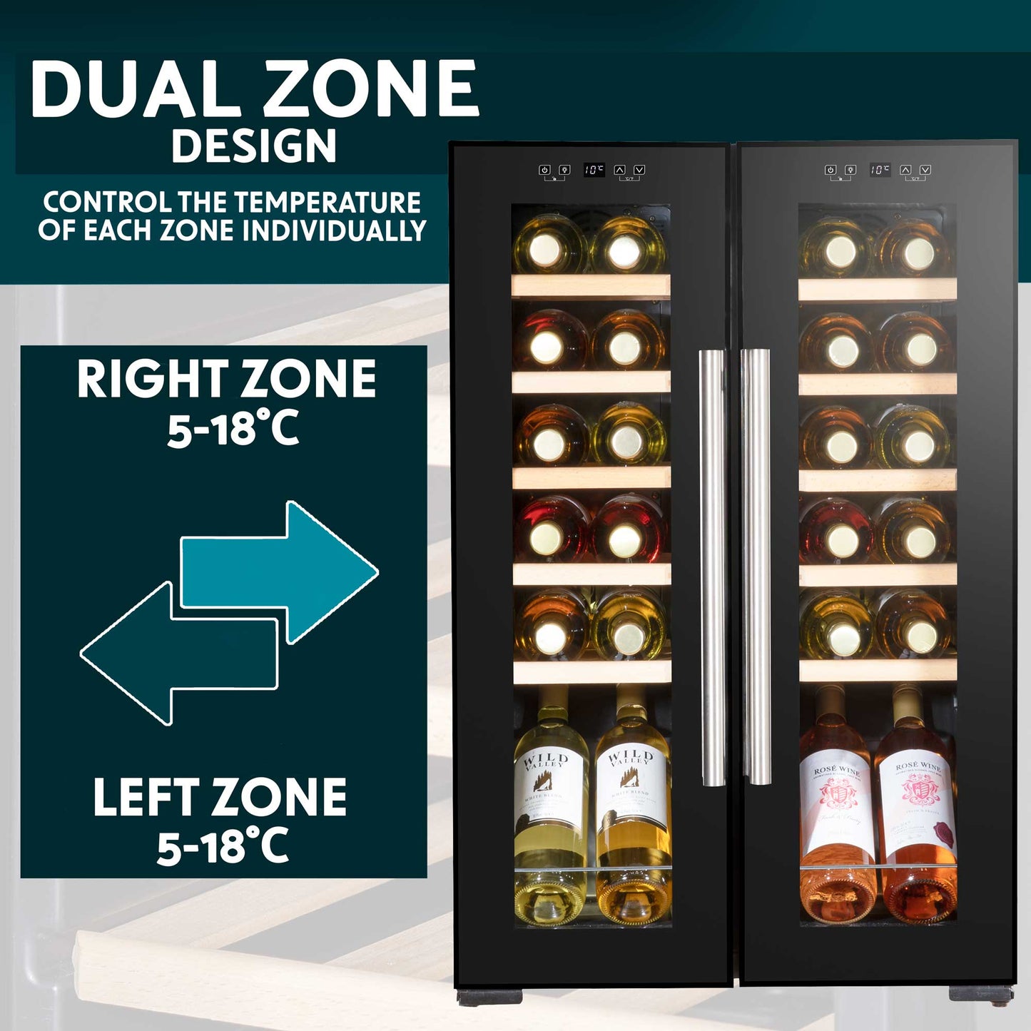 Baridi 24 Bottle Dual Zone Wine Cooler, Fridge, Touch Screen, LED Light, Mirror Glass Door - DH97