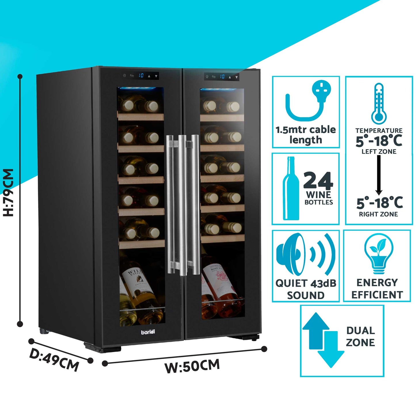 Baridi 24 Bottle Dual Zone Wine Cooler, Fridge, Touch Screen, LED Light, Mirror Glass Door - DH97