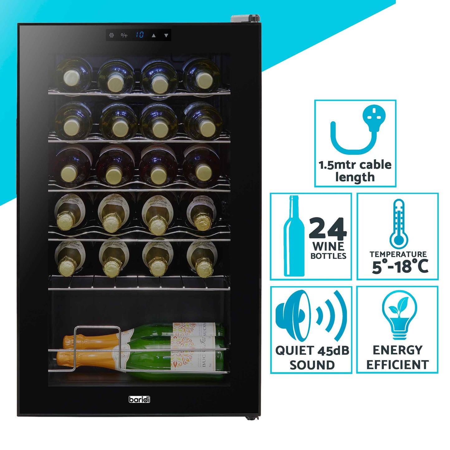 Baridi 24 Bottle Wine Cooler Fridge with Digital Touch Screen Controls & LED Light, Black - DH9