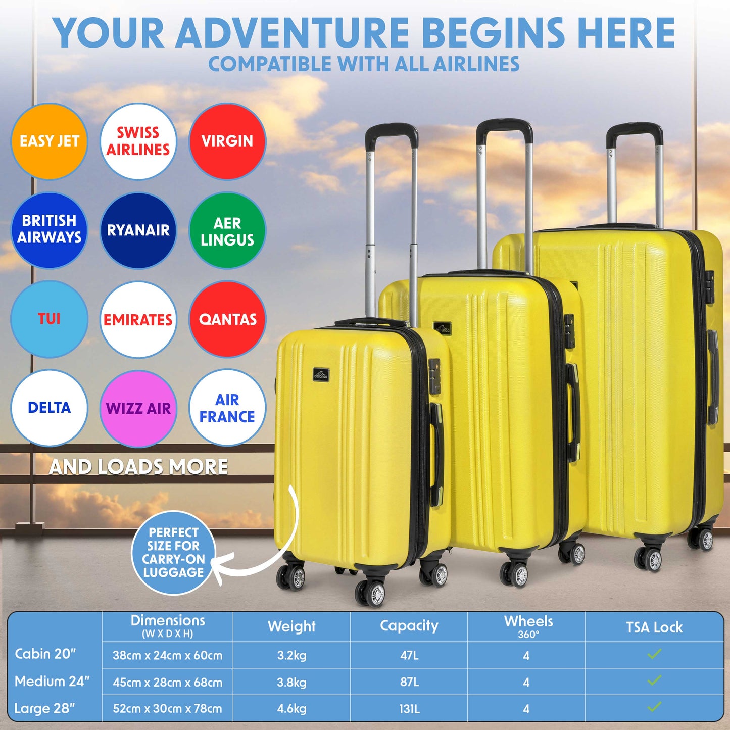 3-Piece Lightweight Luggage Suitcase Trolley Set ABS TSA Lock - Yellow - DL124