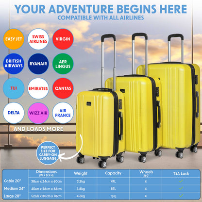 3-Piece Lightweight Luggage Suitcase Trolley Set ABS TSA Lock - Yellow - DL124