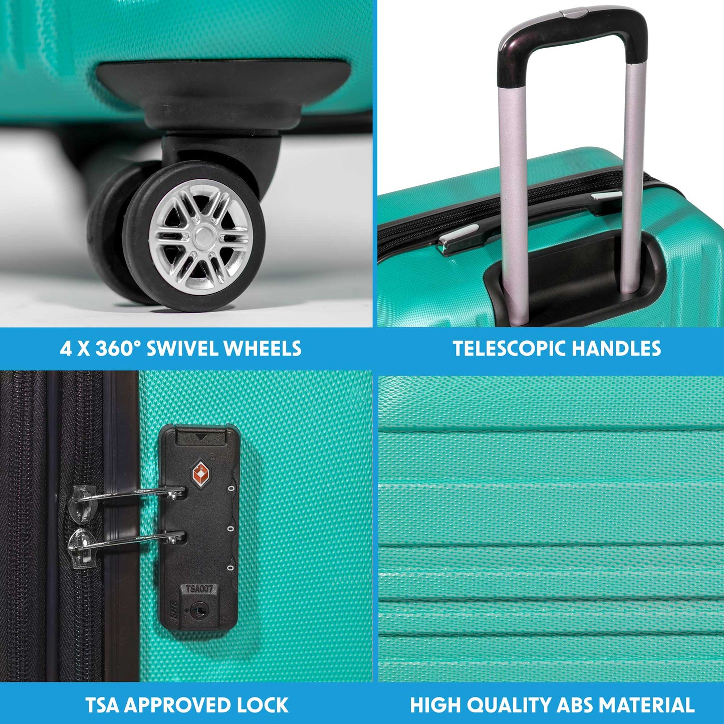 3-Piece Lightweight Luggage Suitcase Trolley Set ABS TSA Lock - Teal - DL126