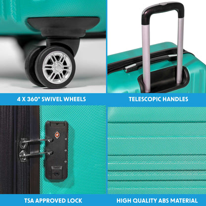 3-Piece Lightweight Luggage Suitcase Trolley Set ABS TSA Lock - Teal - DL126