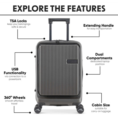 Dellonda 20" Cabin Size Luggage with Laptop Compartments, Dual TSA Lock, USB & 4 360° Wheels - DL157