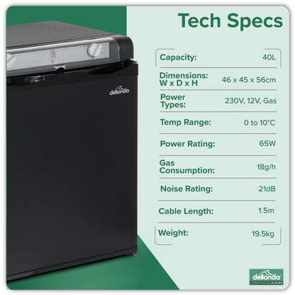 3 Way Fridge, Gas/12V/230V, 40L, for Camping, Motorhome, Truck - Black - DL158