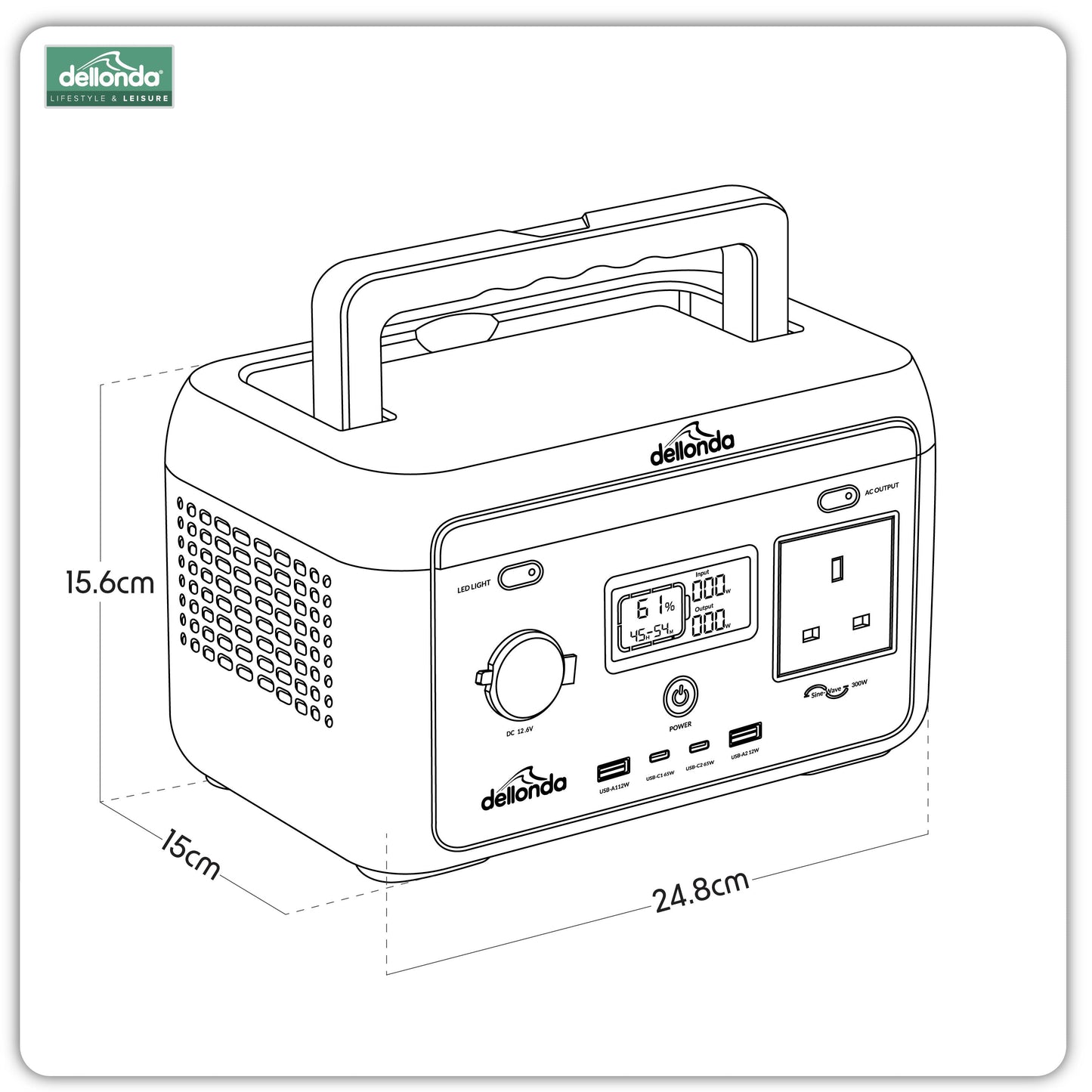 Portable Power Station, 300W, 204Wh, LiFePO4 Battery, 230V - DL160