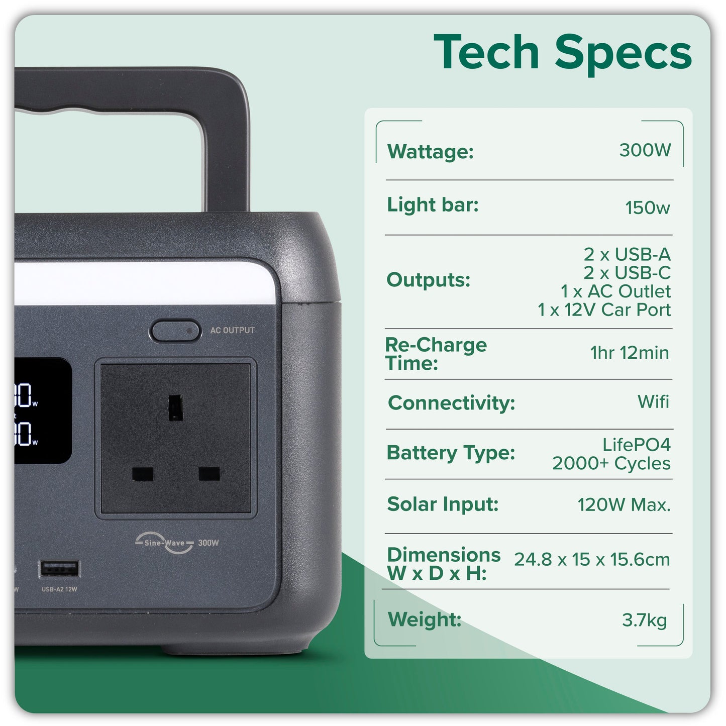 Portable Power Station, 300W, 204Wh, LiFePO4 Battery, 230V - DL160