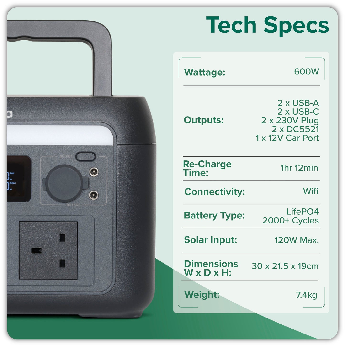 Portable Power Station, 600W, 512Wh, LiFePO4 Battery, 230V - DL161