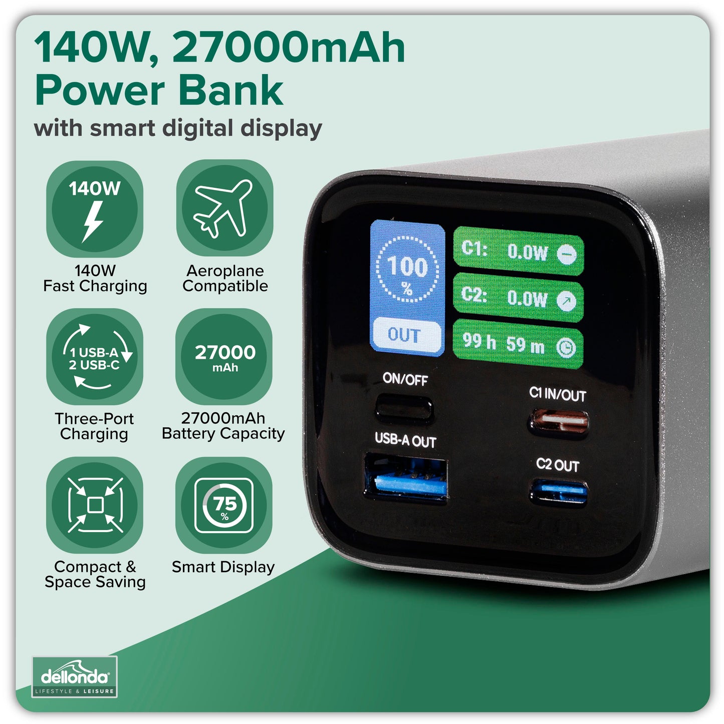 140W Power Bank, 27000mAh, 3-Port Portable Charger, Smart Digital Display - DL168