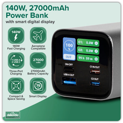 140W Power Bank, 27000mAh, 3-Port Portable Charger, Smart Digital Display - DL168