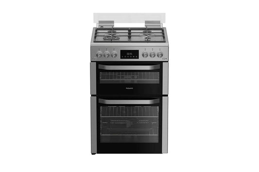 Hotpoint 60cm Double Oven Gas Cooker with Glass Lid | HDG6GDCWX | Stainless Steel