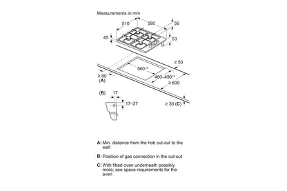 Bosch Series 2 60cm 4 Burner Gas Hob | PBP6B6K60 | Black