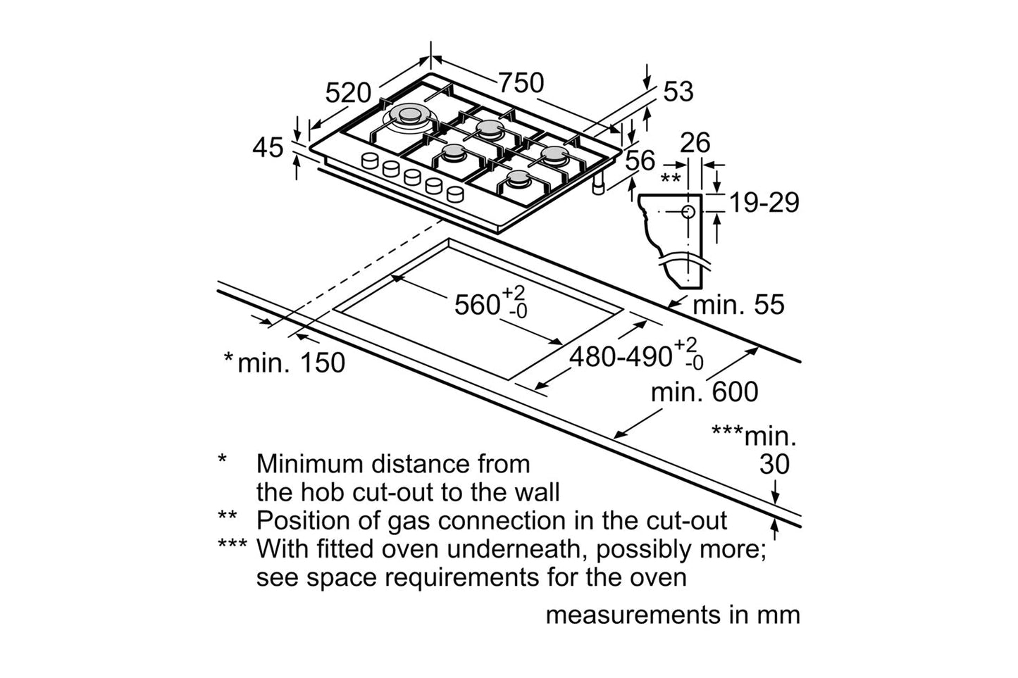 Bosch Series 4 75cm 5 Burner Gas Hob | PGM7B5K90 | Stainless Steel